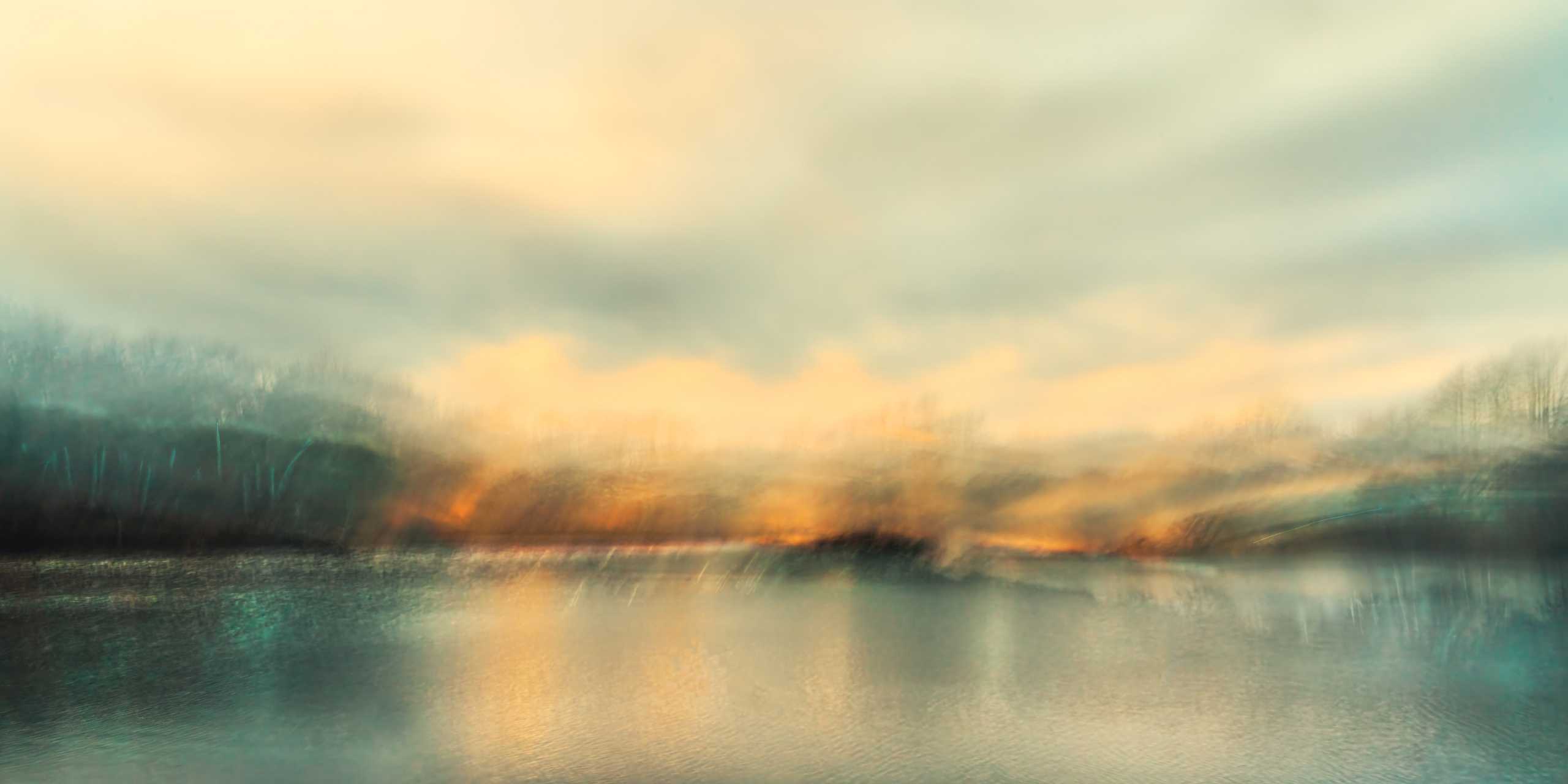 Intentional Camera Movement intensifies sunlit clouds and their reflections at this rural pond. April Skies, Priester's Pond, West Tisbury, MA