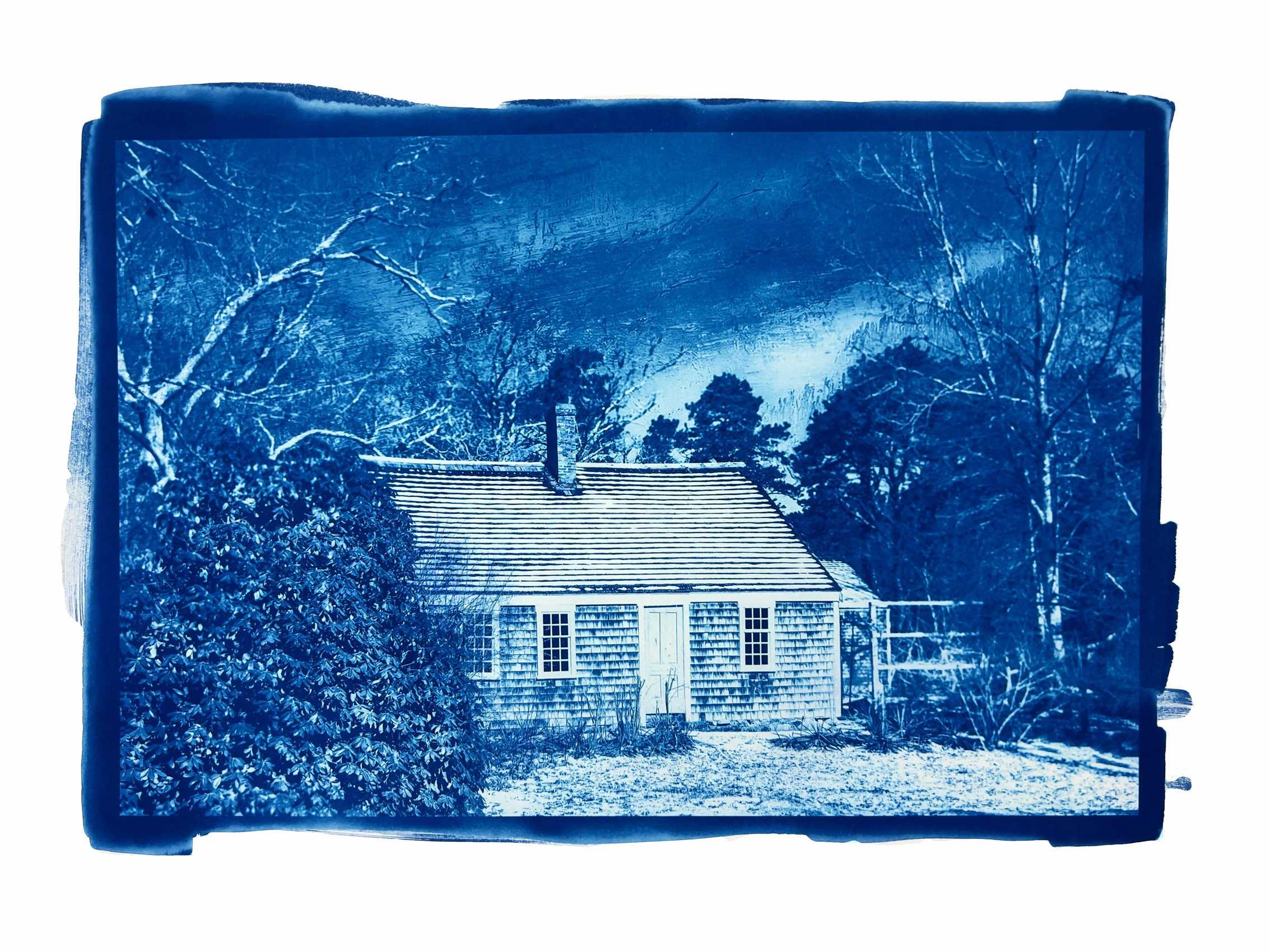 Cyanotype Contact Print. Snow embraces the home of 19th Century poet, chicken-lover and eccentric Nancy Luce. The Nancy Luce Home, West Tisbury, MA