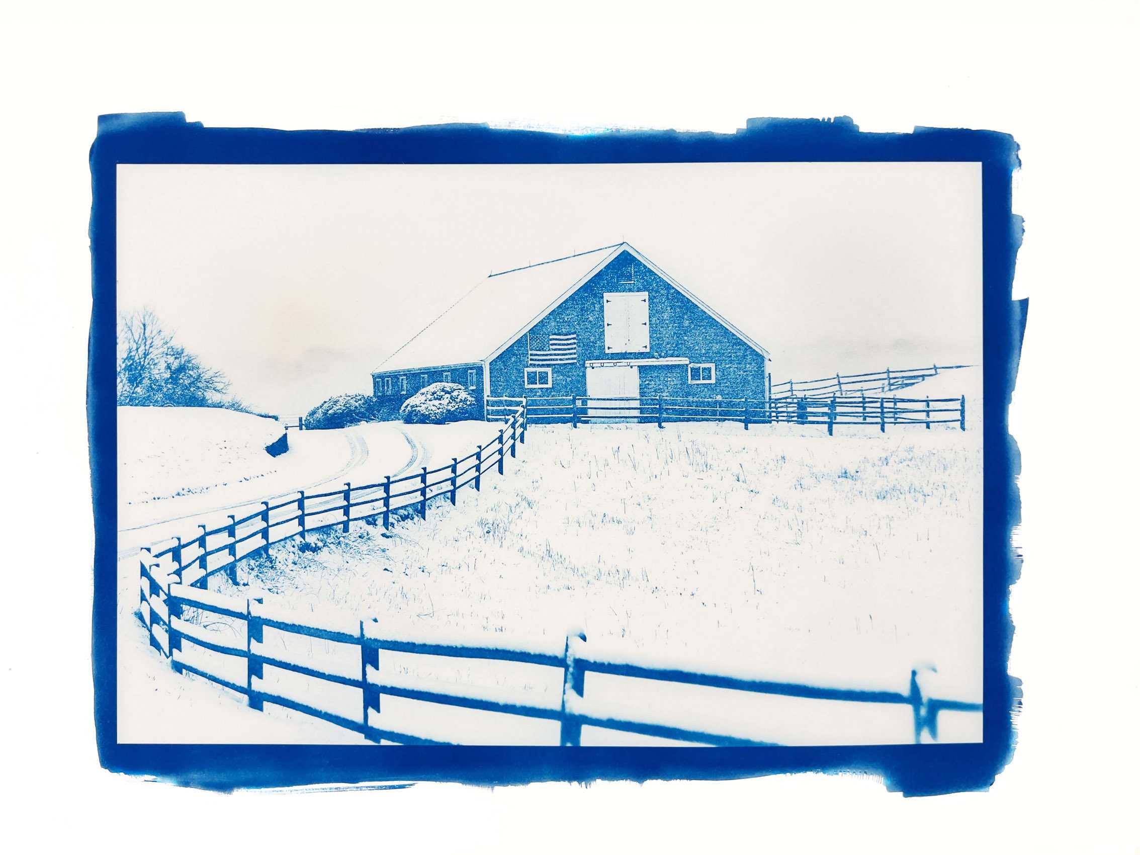 Cyanotype contact Print. Snow on the fields, fences and barn at Sweetened Water Farm in Edgartown. Sweetened Water Farm, Edgartown, MA