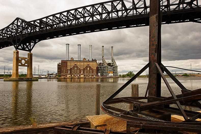 The view west under the Pulaski Skyway toward Kearny from Jersey City NJ. Pulaski Skyway and Kearny Power Plant, 2006