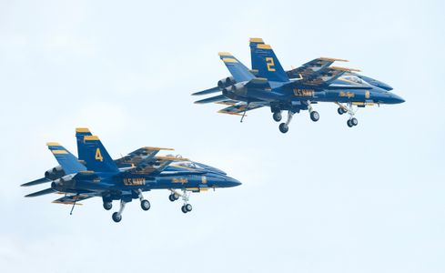 Blue Angels F-18 Superhornets flying in formation