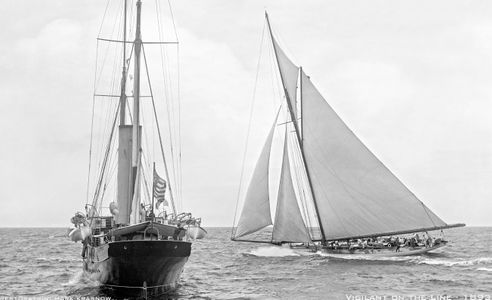 America's Cup Classic Vigilant on the line 1893 - Vintage Sailboat art print restoration for Interior Design