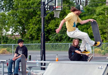 Skateboarder doing trick at Beverly skatepark