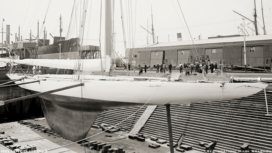 Reliance 1903 in Drydock - Vintage Sailboat art print restoration for Interior Design