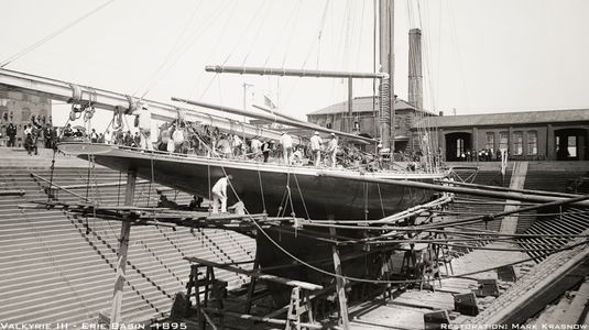 Valkyrie III in Drydock 1895 - Vintage Sailboat art print restoration for Interior Design