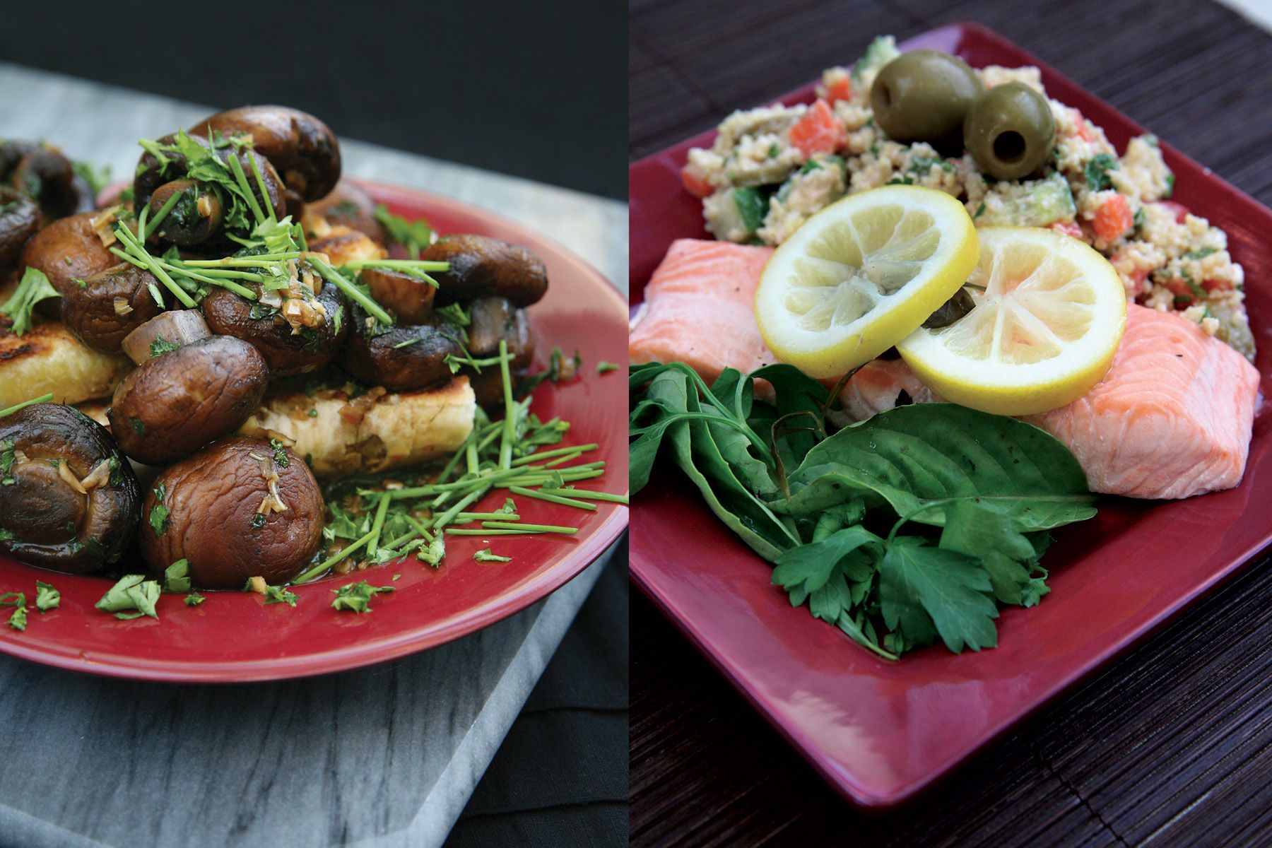 Left: Wine & Soy MushroomsRight: Lemon and Herb Salmon