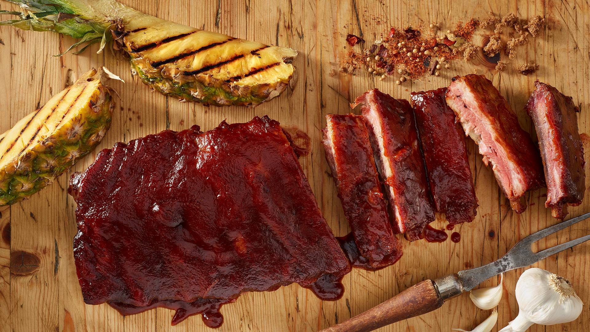 Sauced Ribs on a butcher block