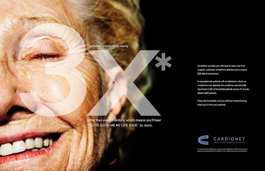 Cardionet, the newest supplier of mobile cardiac outpatient telemetry devices. We relished the opportunity to launch the brand and build physician and patient preference by creating an integrated communications campaign that leveraged the target audience’s primary touchpoints.  The program included logo design, print ads, direct mail,  physician brochures, and a Brand Style Guide.Creative direction, art direction CARDIONET