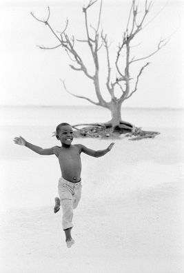 Boy Running, Tree, Black and White, Bahamas Boy Running