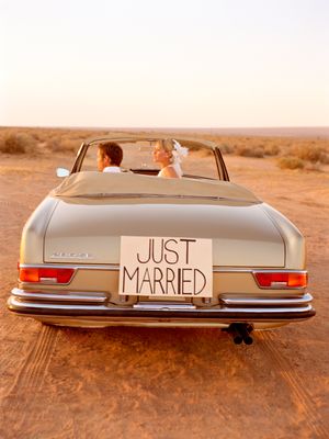 Bride, Groom, Engagement, Wedding, Car, Desert, Wedding Photographer Just Married - Wedding Photographer In NYC