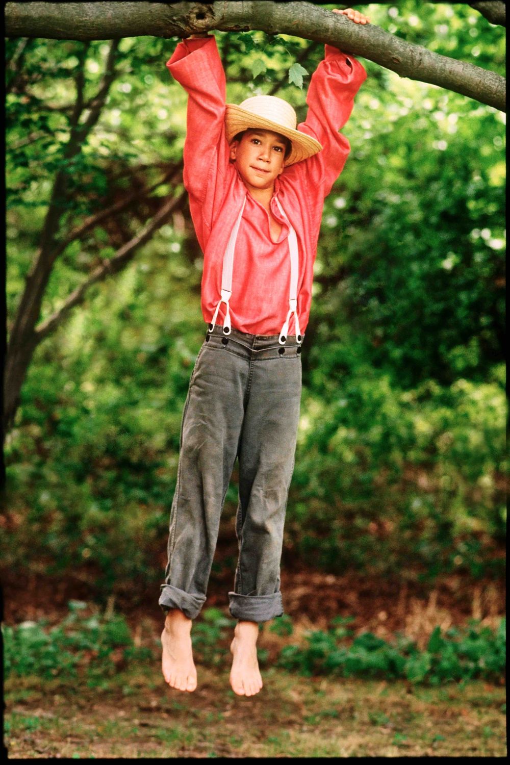 Boy, Amish, Amish Kids, Red Shirt, Outside, Hanging from Tree Amish Kids