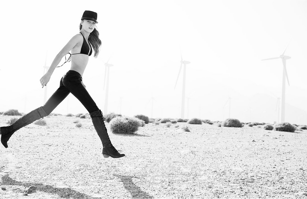 Palm Springs, Desert, Windmills, Fashion, Black and White Girl in Palm Springs Jumping with Windmills