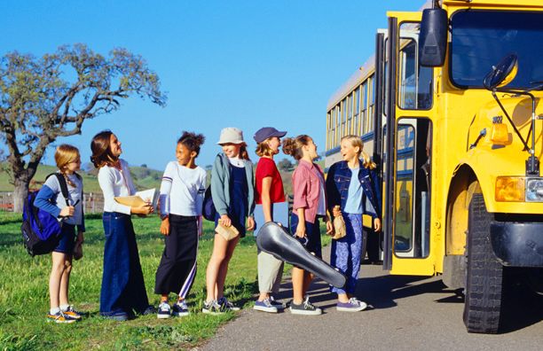 American Girl, Girls Getting on Bus, School Bus, Friends, Girls, Back to School, Santa Barbara American Girl Girls Getting on Bus