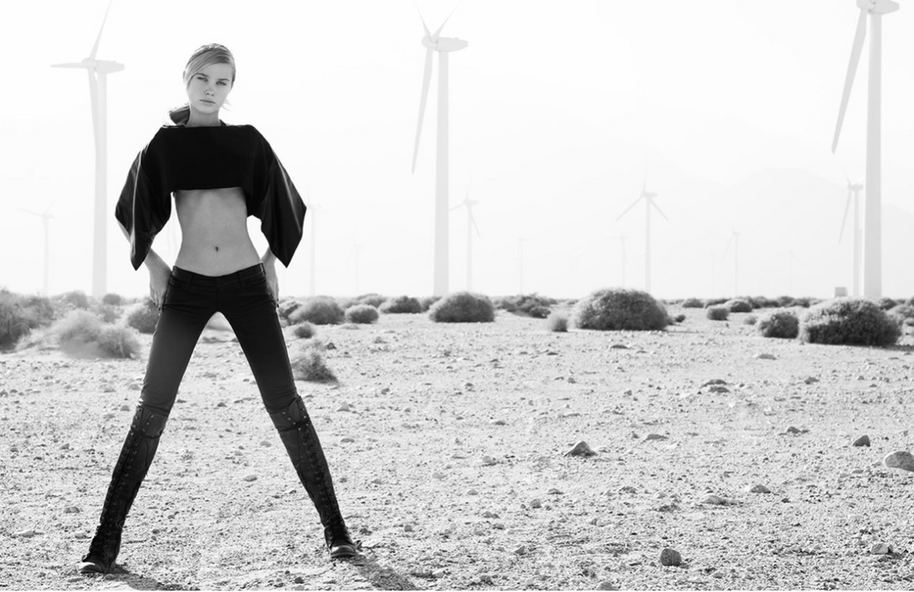 Palm Springs, Desert, Windmills, Fashion, Black and White Girl in Palm Springs with Windmills