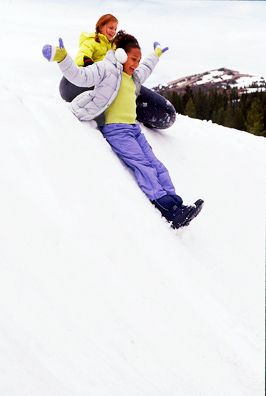 American Girl Magazine, Girls in Snow, Girls Sliding Down Hill, Snow, Mountain, Smiling American Girl Girls Sliding Down Hill