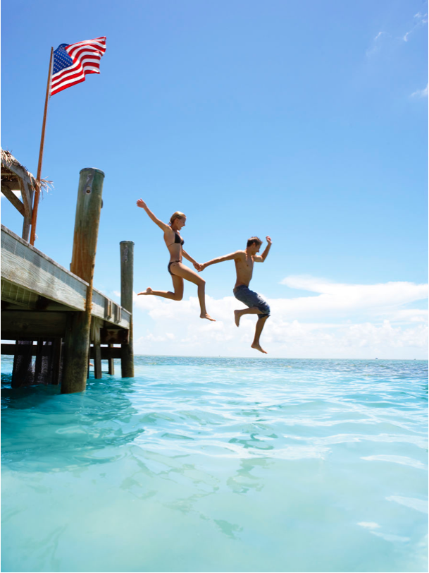 Couple on Pier, Pier, Couple, Key West, Beach, Ocean, Florida, Swimwear, Jumping, FUn Couple Jumping off Pier Key West Florida