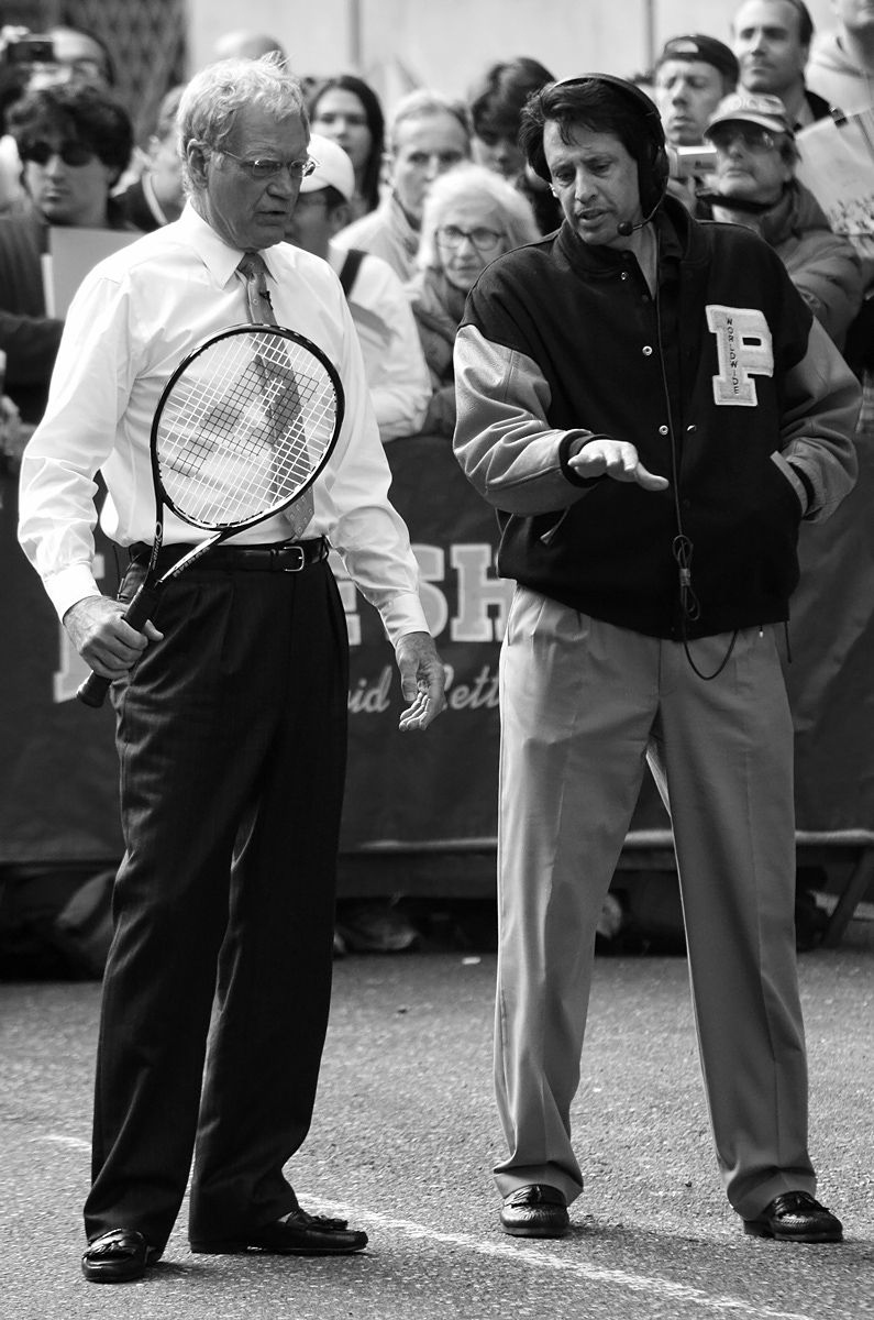 David Letterman getting ready to return a serve from Maria Sharapova for the Late Show, New York, April 2008 David Letterman