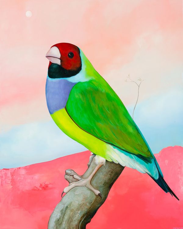 oil on canvas 30 x 24 in / 76.2 x 60.96 cm Rainforest Bird (Red Landscape)