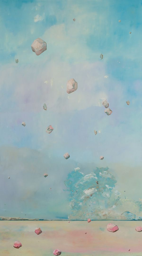 oil on canvas 77 x 44 in / 195.58 x 111.8 cm Blue Eruption with Butterflies