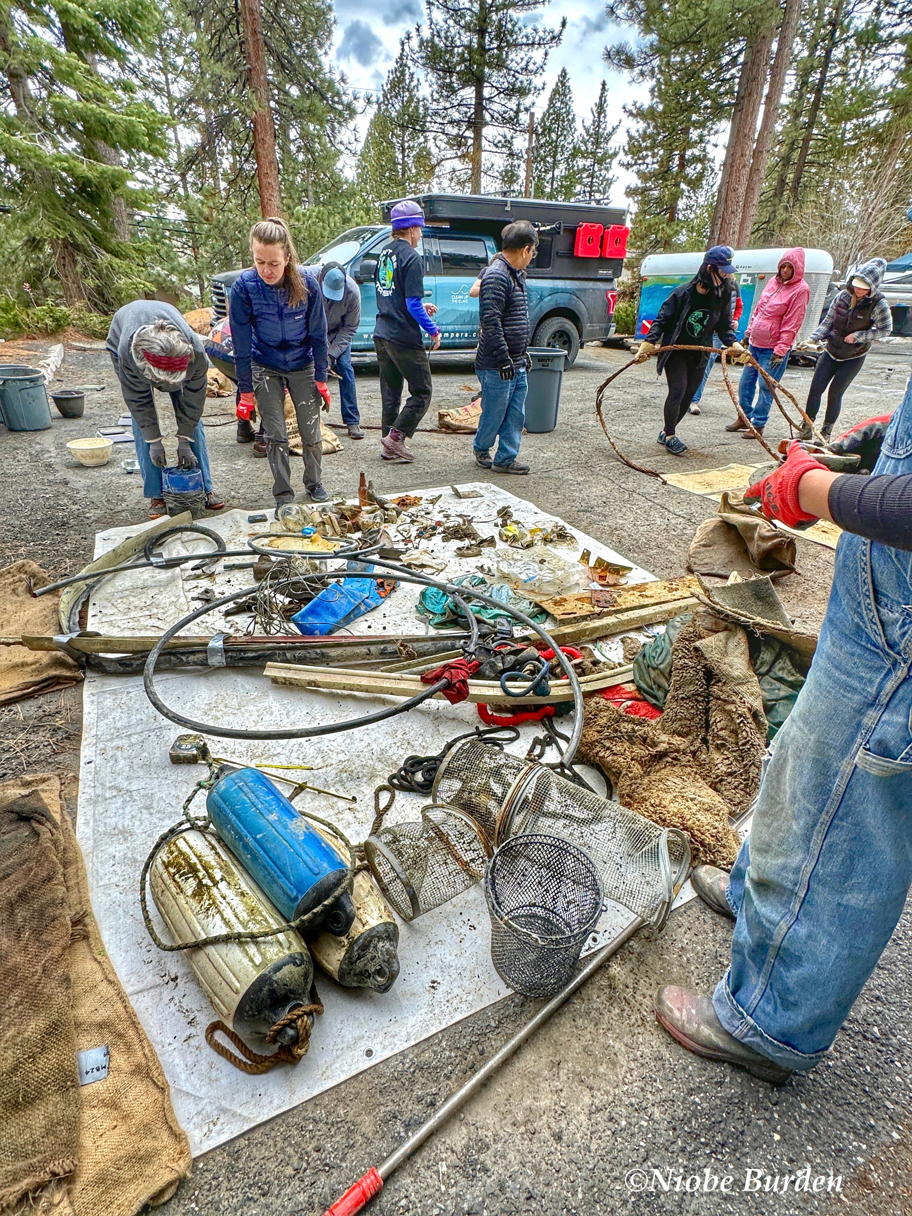 Sorting items from a dive clean up in Lake Tahoe