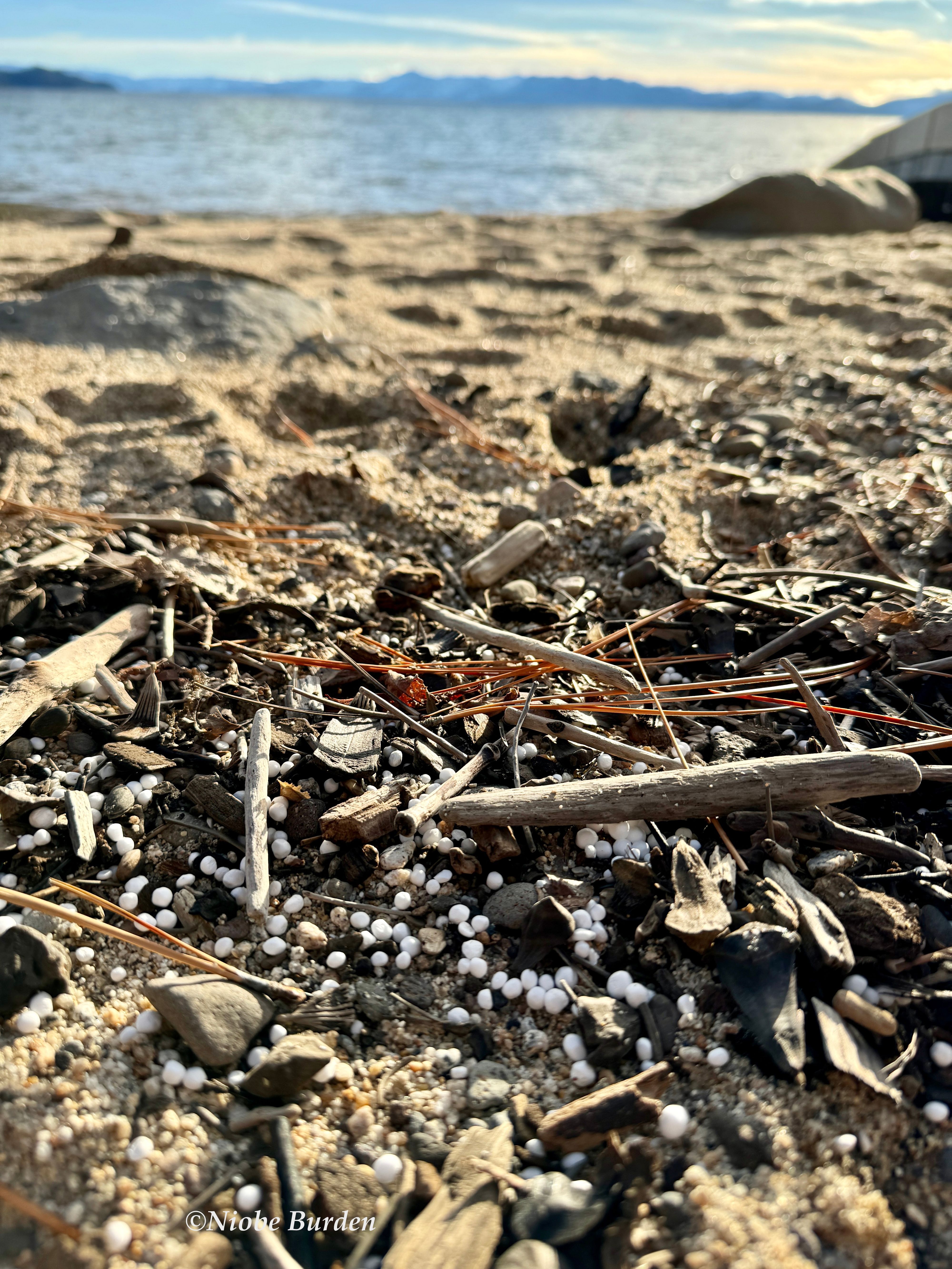 Tahoe beach pollution of styrofoam balls