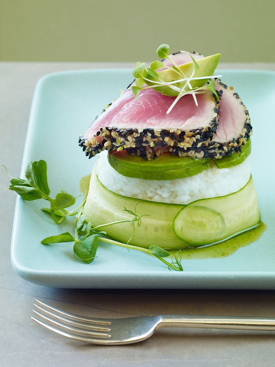Seared Ahi Tuna on rice and cucumber