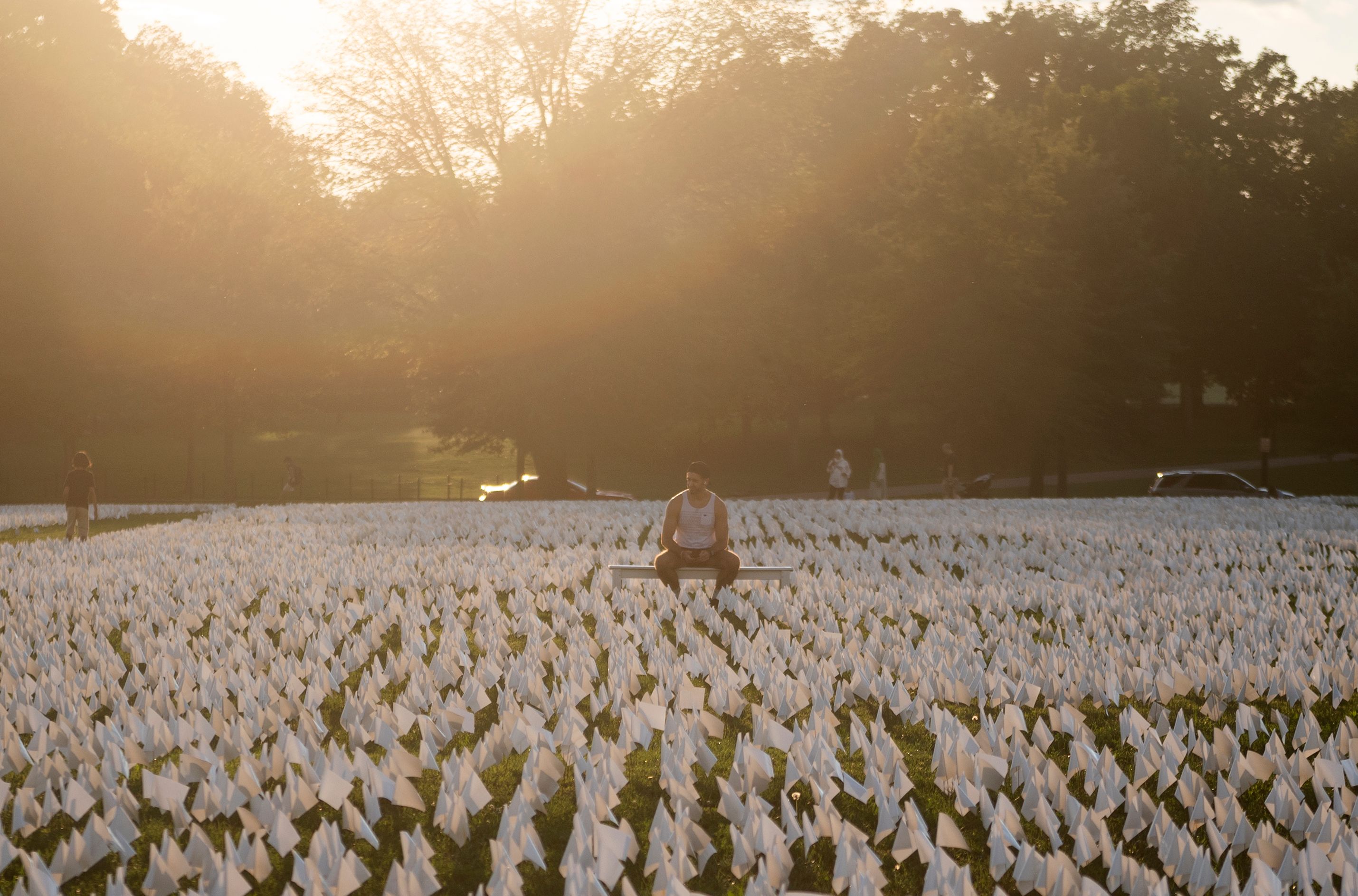 A man sits on a bench as he looks at white flags on the National Mall near the Washington Monument. The project, by artist Suzanne Brennan Firstenberg, uses over 600,000 miniature white flags to symbolize the lives lost to Covid-19 in the US. 9N474V.jpg