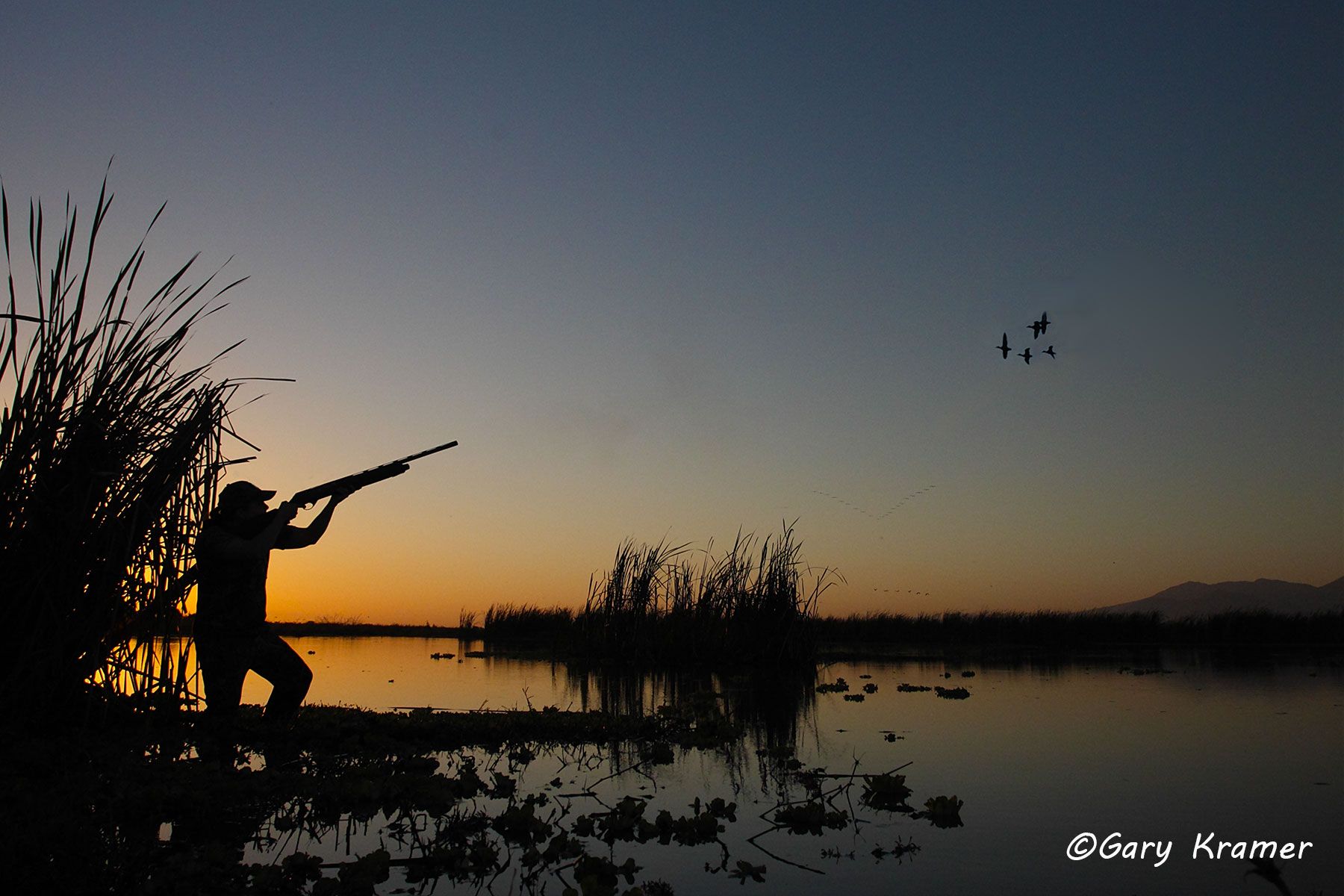Hunter(s) shooting ducks at sunrise/sunset Hunter shooting ducks at sunrise/sunset, Nicaragua - NHDaa#058d