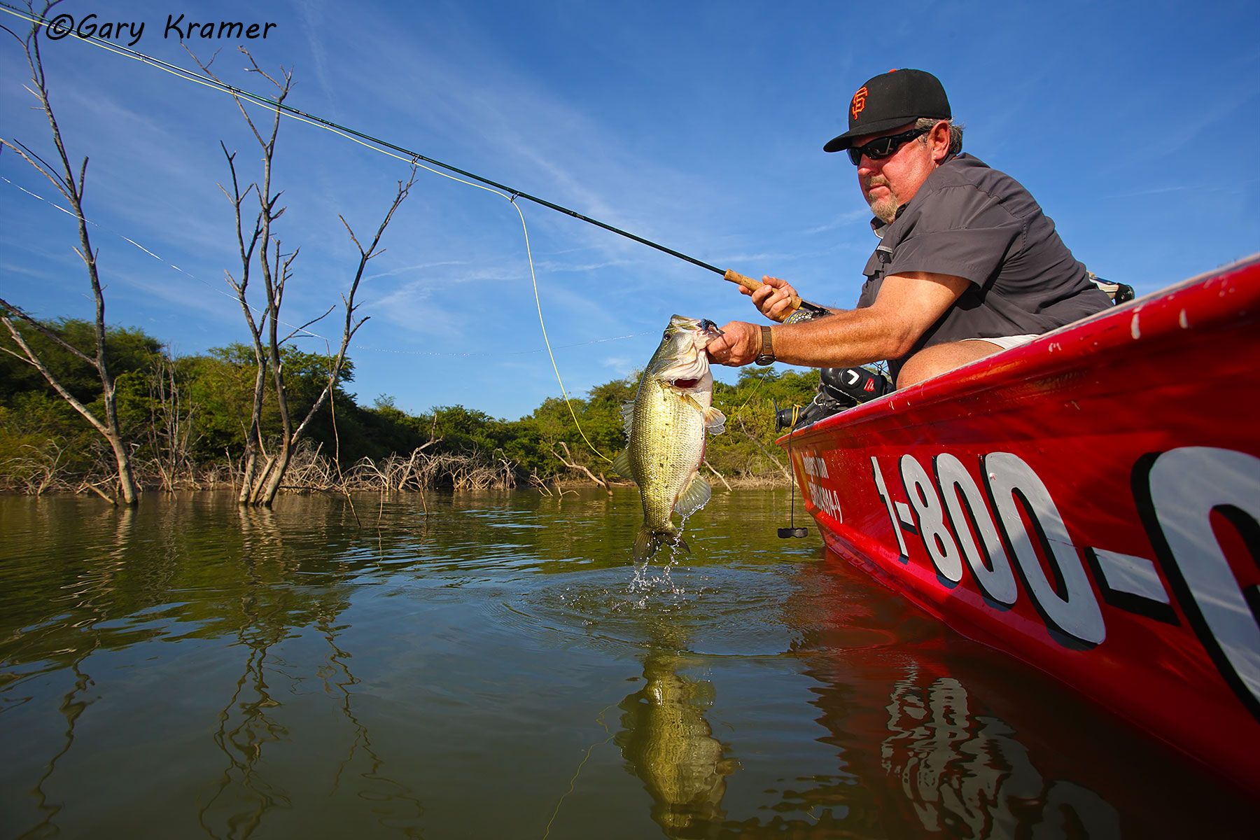 Flyfisherman landing a Largemouth Bass - NFBlf#092d