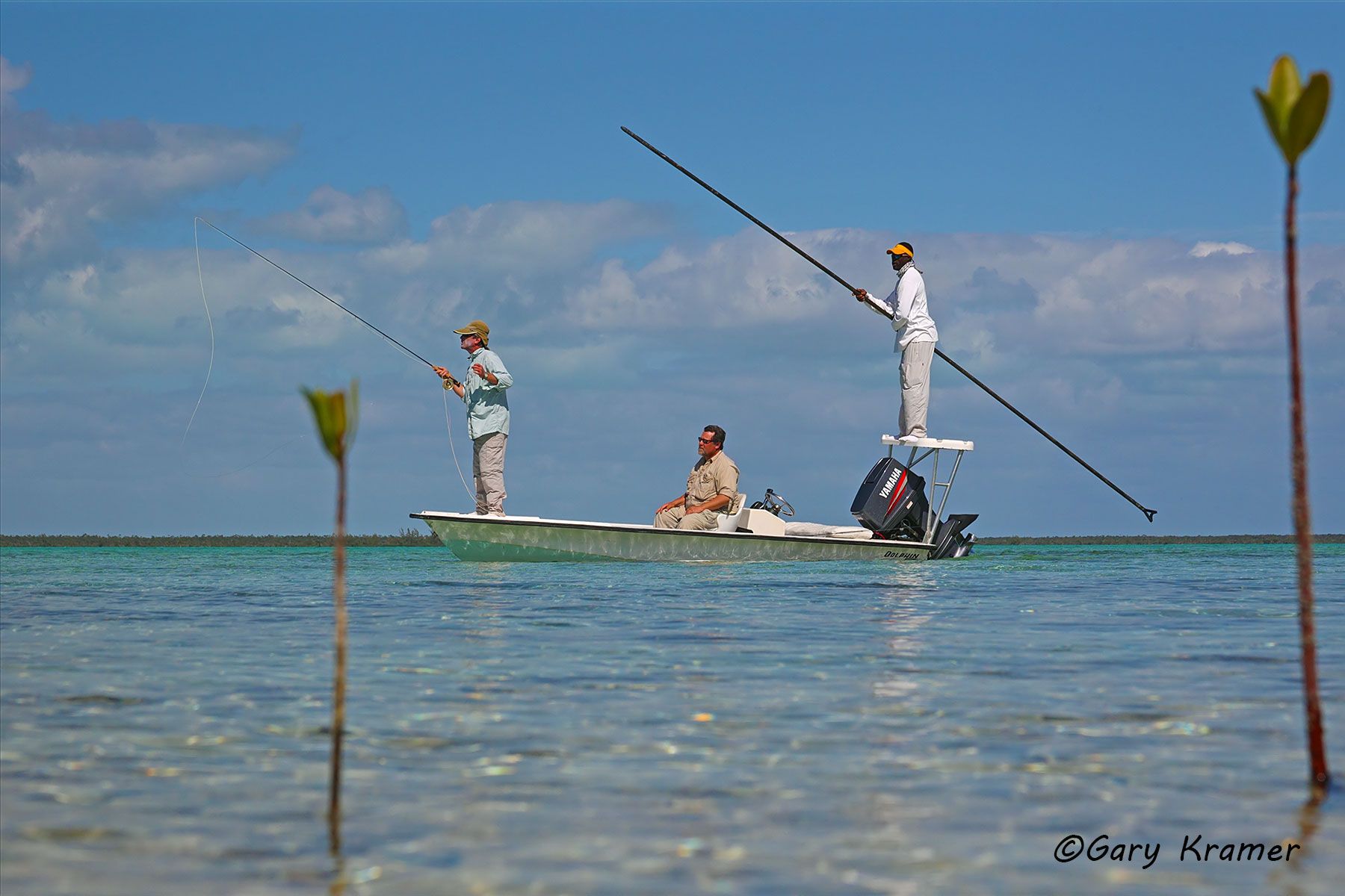 Flyfishermen w/ guide polling flats, Bahamas - NSBp#031d