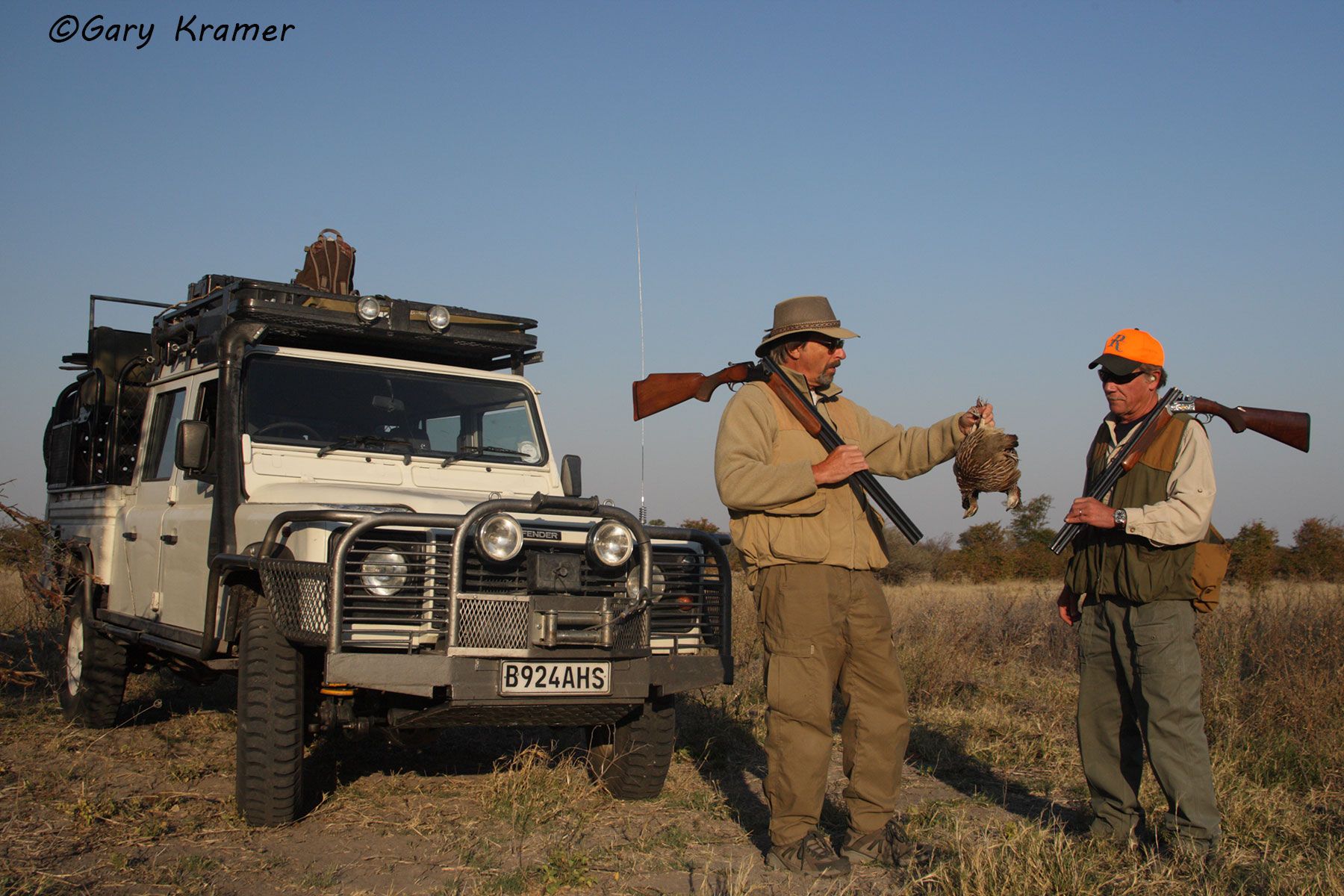 Hunters (Greg Mensik/Bill Gundy) with Crested Francolin, Southern Africa Hunters (Greg Mensik/Bill Gundy) with Crested Francolin, Botswana - AHFcw#006d