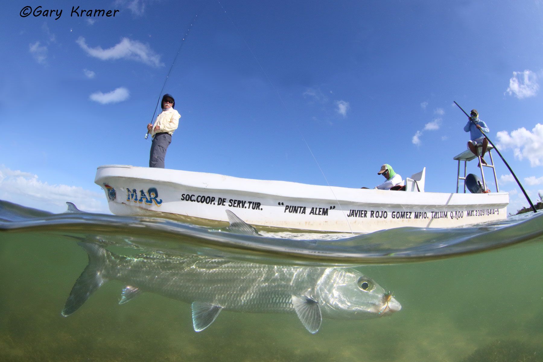 Flyfisherman fighting Bonefish, Mexico - NFBfb#017d