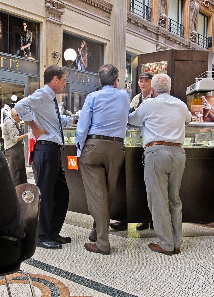 Italian men during espresso break, mid-afternoon.