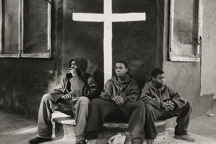 Artist: Helen StummerTitle: Quinzel, Cornelius and Hasan on the Steps of an Abandoned Church, Newark