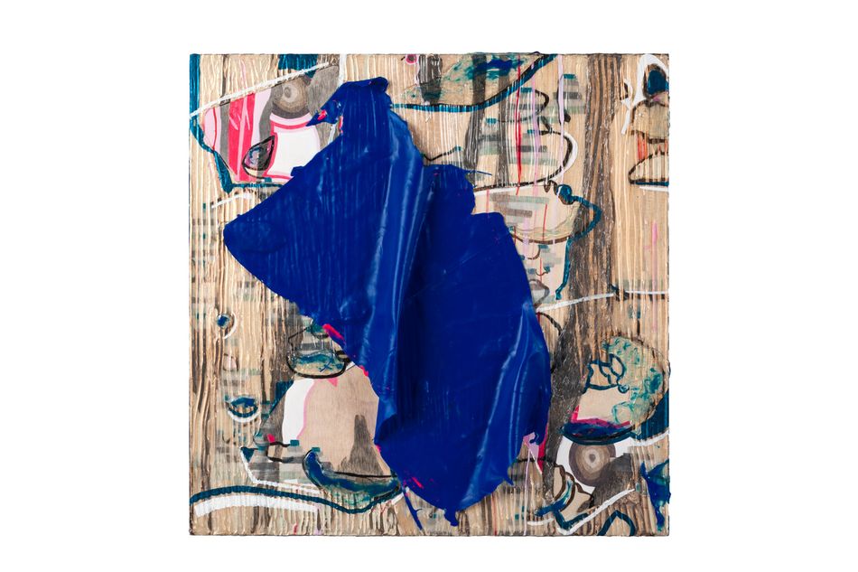 mixed media on birch panel 18 x 18 in. Symbiosis with Blue Element