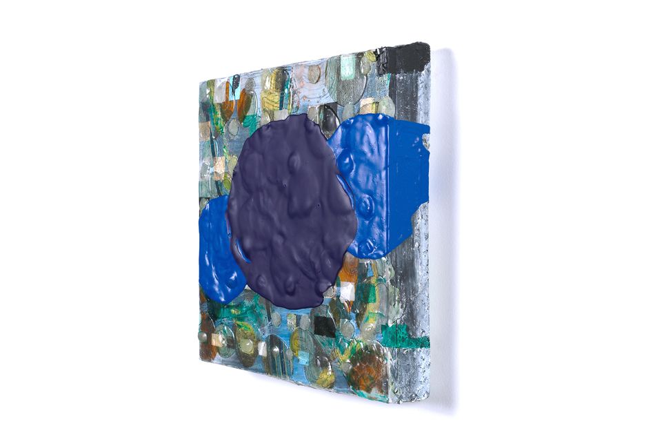 mixed media on birch wood panel 13 x 13 in. Systematization with Blue Matter 6.18.1 - side view