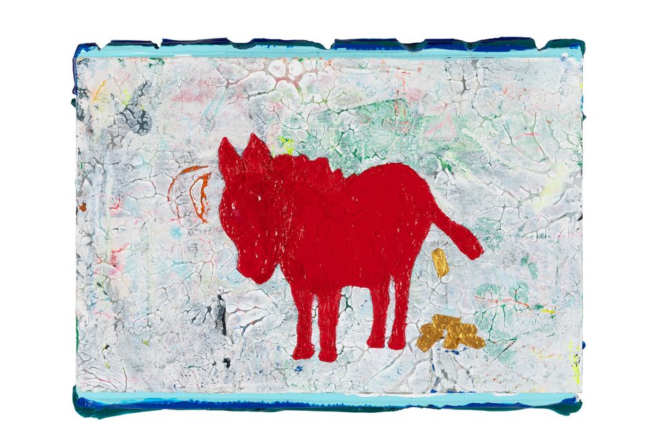 mixed media on wood panel 13 x 18 in. Ass Shitting Bricks