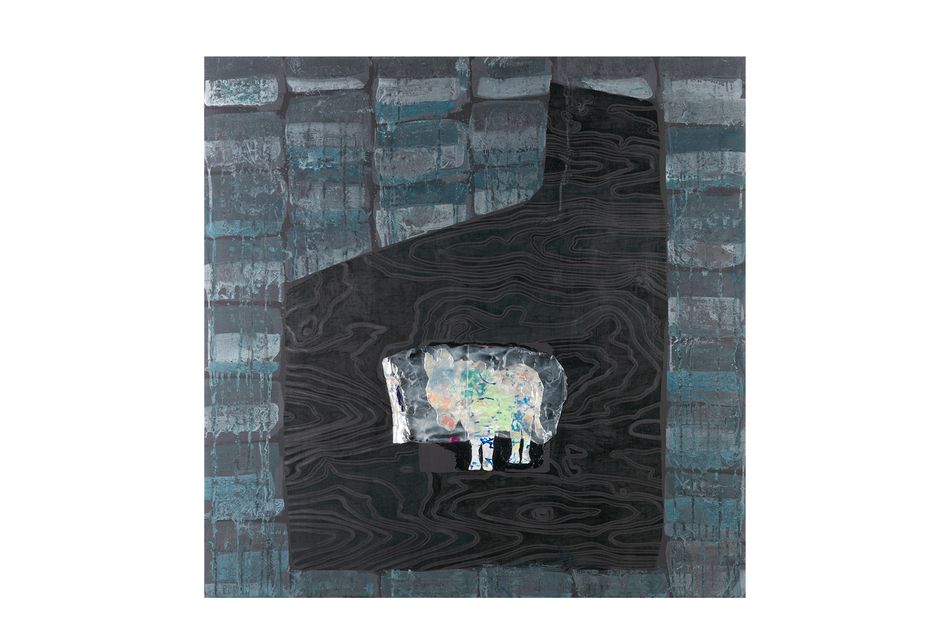 mixed media on birch wood panel 40 x 40 in. Lodged