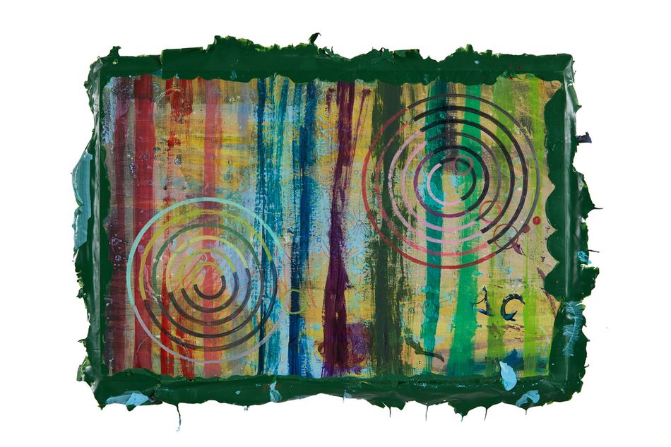 Frayed irregular edges of forrest green acrylic paint frame a multi layered harmoniously balanced composition. The light toned background peers through nonuniform vertical lines contrasted by circular embellishments composed of stenciled semicircles. Circle Circling Circles artwork