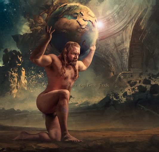 Art by Ben Fink, model Alex, - from the series modern Myths and Mythologies.  The Titanomachy and Atlas’ Punishment Iapetus’ sons took the opposing sides during the Titanomachy: while Prometheus and Epimetheus decided to help Zeus, Atlas and his brother Menoetius sided with the Titans. In time, Atlas even managed to become the leader of the rebellion, but that didn’t end up too well for him in the long run, since it got him the most severe punishment after the defeat of the Titans. Namely, Atlas was condemned to hold up the heavens for all eternity, standing at the furthest west edges of the earth near the garden of his daughters, the Hesperides. Some say that the sky was placed directly on his shoulders. Others, however, are more merciful, claiming that Atlas actually holds the two pillars which keep the earth and the sky apart. “The Burden” 2022