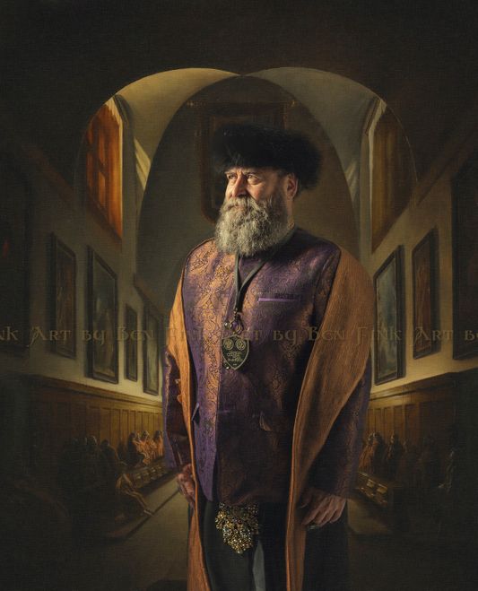 Portrait from the 2022 Imperial Court Coronation of San Francisco, Prince for Life & Imperial High Priest to Red DAWG Golden Jubilee Emperor, CoCo Butter Big Daddy Lopez. Art by Ben Fink.  Big Daddy Lopez