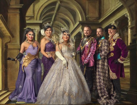 From Left to Right, Rose Empress LX - Kimberly Michelle Westwood, Rose Empress LXI - JenuWine Surreal Beauté, Rose Empress LXII - Shima B. Valentine, Rose Emperor XLIV - Ty VanHelsing, Rose Emperor XLIII - Dr. Chance de Valmont, Rose Emperor XLII - Daniel Surreal Foxx. Art By Ben Fink. PS. I do have to say I love working on these large groups but it's a lot of work and I charge a bit more for it, but glad to be of service. Monarchs Of Portland