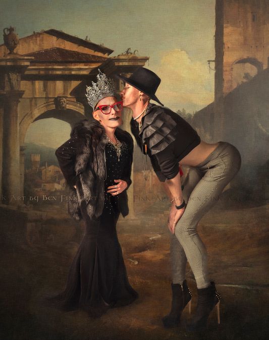 The Garnet Mistress of Love, Unity, Service and Tenacity, Grand Duchess 47, the Lady Katherine Rose, and Her Majesty’s Jester and Knight of the Leather Rose. Art By Ben Fink Lady Katherine Rose and Bradly