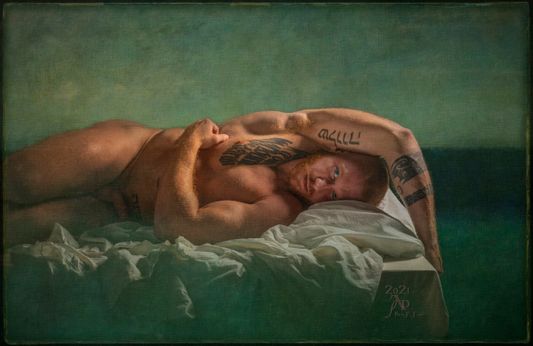 reach me in the crinolines of touch, time me across your wrinkles whitened in green  arabesques and flat surfaces of rhyme we are here watching each other as seen  from our closeness you are stretching across we complete suggesting gossamers touch touching our lines edged  on our lying loss yielding vulnerabilities of much  decision simply waiting like you now  I want to wait too as you will decide  the wiles of small embrace embracing how we could love, our possibilities, I’d  be pretty sure that no demise is done in your deciding what you’ve already won.  "Lying In Wait No. 1"  2021