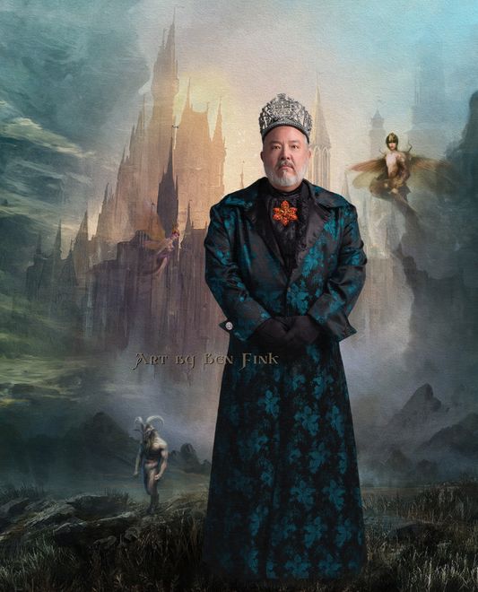 Reign 18: The Keltic, Sicilian, Spirit of the Eagle and the Fleur di lis,  Guardian of the secret of the Lost Dutchman,  Reign 30: The quirky euro-mutt spirit of the sacred clown,  the naughty half of the Triple X-rated Monarchs  Art by Ben Fink for the project “Noble Deeds” Jungle George