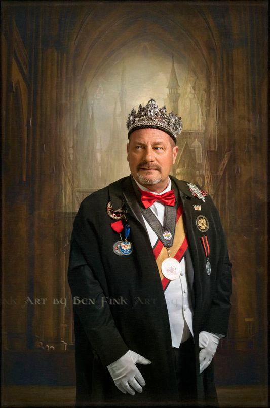 Emperor 2, 6, 9 and 16 of Hamilton, Ontario Canada, and now named The First in Line of Succession, Heir king Father II Jonn Ribson. Art by Ben Fink. Heir king Father II John Ribson