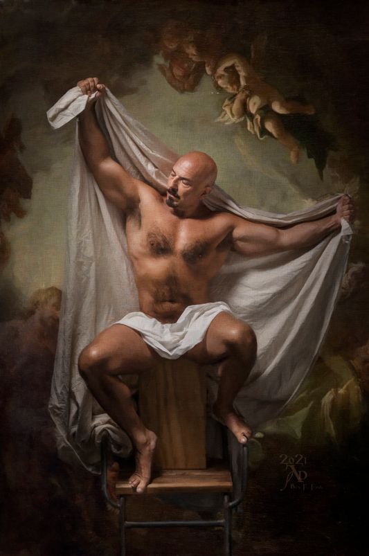 clothed in crinolines of white embrace lines edge his reasoned background cherubing space  and depth and painterly perspective finds us to look at back into his turned face  right in aboves and singled into grace  he waits us in his stance of outstretched calm encasing us with visions of a place to call us further into one more psalm  breeched quietly as cherubs fall in air and stay their wings upon an echo sound sounding a bird like benefit to to bare his and our innocence upon our ground   sheep-like in possibilities to give a sacrifice upon a heart and live. "Sheep's Clothing"  2021