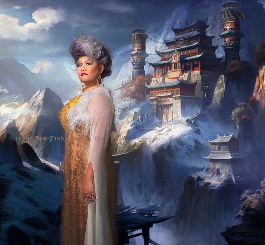 The Fire-Spitting Singing Dragon, The Golden Unicorn Advocate of the West, Miss GAPA 2016, GAPA = GLBTQ+ Asian Pacific Alliance. Art By Ben Fink. Juicy Liu