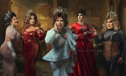 "The Royal Sisterhood of the Great Pacific” Her Royal Sovereign Majesty, The Triple D Grand Duchess 40 of San Francisco, Paloma Volare Sharitt. Her Serene Highness and The 49 1/2 Holder of the Sacred Heart Empress of Los Angeles, the Diva of la Ciudad de Plata, the Resilient Emerald Peacock Princess Royale of San Diego, Jessica D’Nalga Harrington Thorns Logan LaChine. The Leopard Printed Lady of Community, Courage and Crass the 46th Elected Grand Duchess of all San Francisco, Mgm Grande. The Black Diamond Cobra of all things dirty and taboo Empress 44 & 46 of all of Orange County, Tequila McCray Bubbles Halston. At the San Francisco Imperial Court Coronation 2022. The Viva La Vida, The Sacred Heart Protector, The Double Crown Angel Pearl Empress 48 & 49 of LA & Hollywood, Buganvilia Thorns. Art By Ben Fink,  for the book "Noble Deeds" The Women