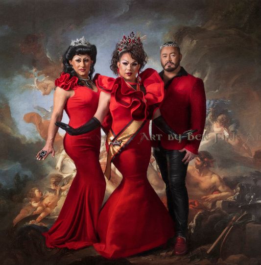 From the Imperial Sovereign Court of New Mexico's Enchantment College of Monarchs Imperial Empress XXIII Seliah DeLeon in the center, and From the  Zia College of Cardinals, Imperial Imperial Princess Royal XXVII D'Lite DeLeon, to the left and Imperial Crown Prince XXVII Atlas DeLeon, to the right. This image was created from the 2022 Carnation in San Diego. Art by Ben Fink. the Imperial Sovereign Court of New Mexico's Enchantment College of Monarchs DeLeon